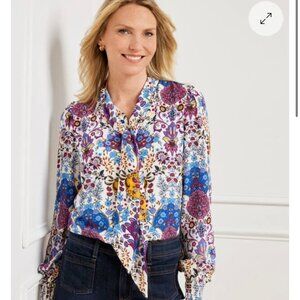 Talbots tie neck button down long sleeve floral blouse
